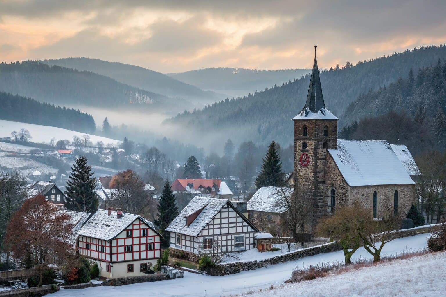 Winter morning in a Saxon village — the Vogtland region where Plauen lace originates
