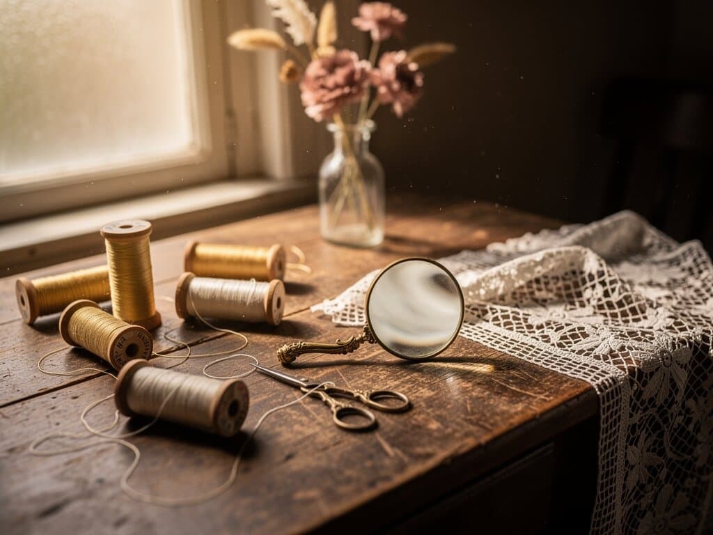 Thread spools and embroidery tools on an antique workshop table