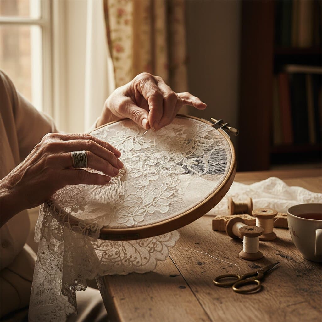 Craftsperson's hands working delicate lace in an embroidery hoop