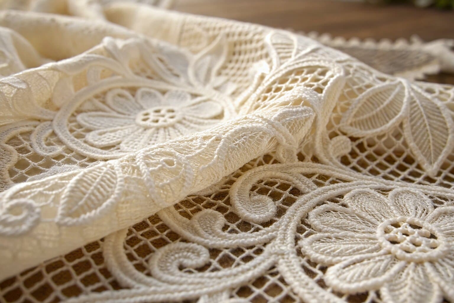 Close-up of fine white Plauen lace showing intricate floral embroidery detail