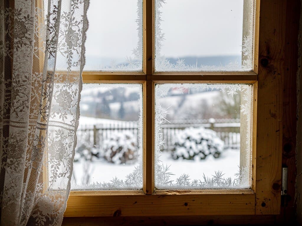 Winter light streaming through a cottage window with lace curtain