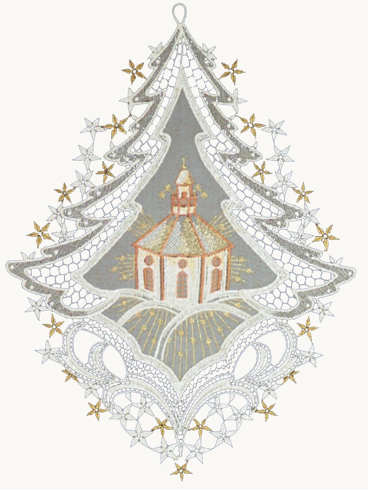 Plauen lace church scene in tree frame